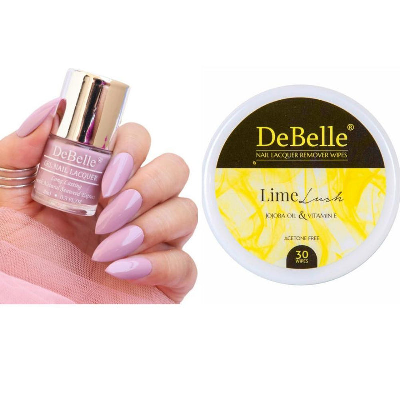 DeBelle Gel Nail Lacquer Mary Magnolia & Lime Lush Nail Lacquer Remover Wipes Combo