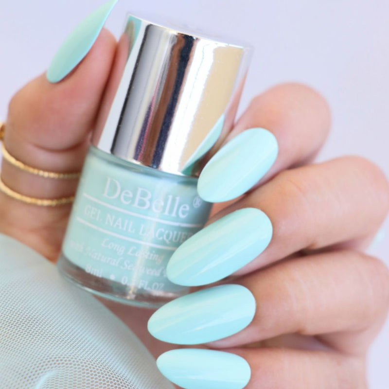 The mint blue at your nail tips with DeBelle gel nail color Mint Amour.Available at Debelle cosmetix online store with COD facility.