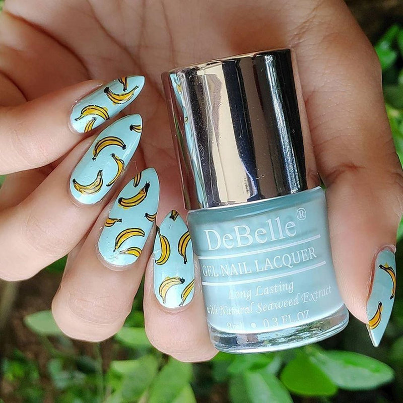 Pretty nail art with DeBelle gel nail color Mint Amour. Shop online at DeBelle Cosmetix online store with COD facility