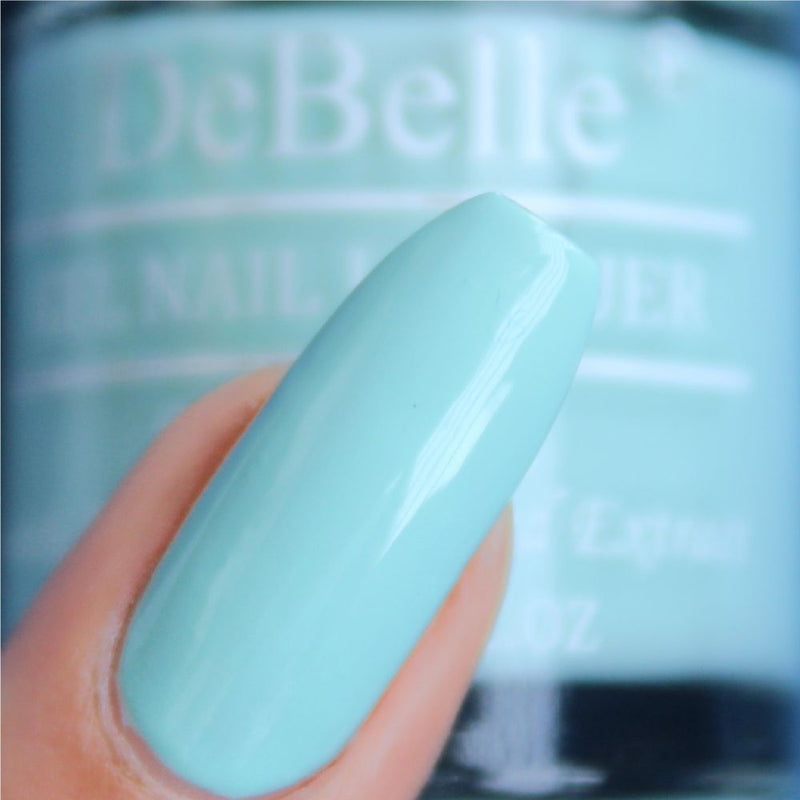 The mint blue gives a fresh look-DeBelle gel nail color MintAmour. Shop online at DeBelle Cosmetix online store.