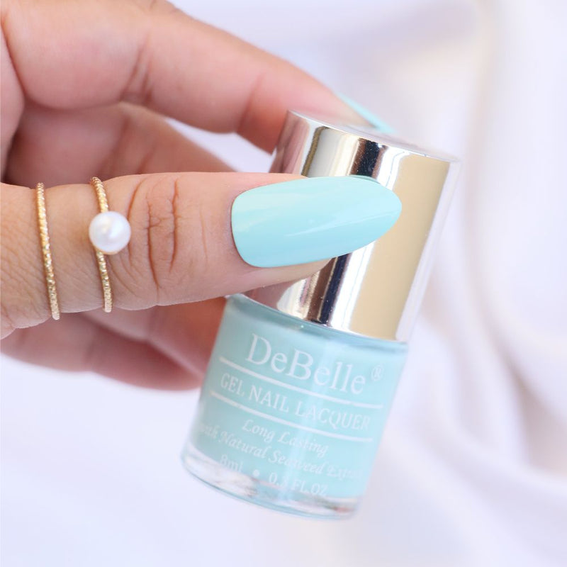 An alluring shade of blue-DeBelle gel nail color Mint Amour.