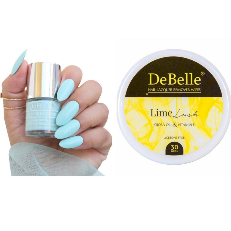 DeBelle Gel Nail Lacquer Mint Amour & Lime Lush Nail Lacquer Remover Wipes Combo