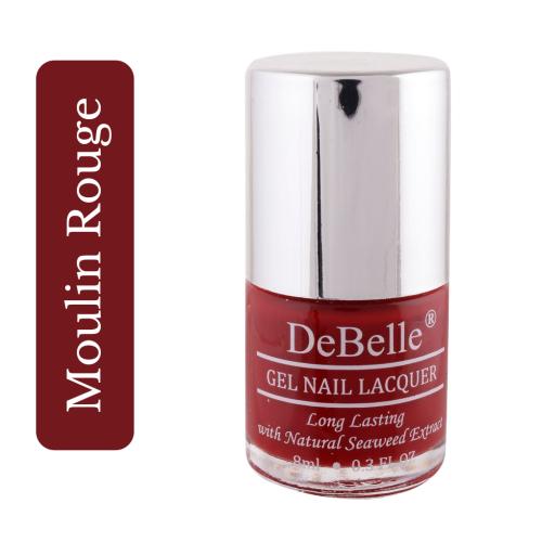 The trendy red -DeBelle gel nail color Moulin Rouge. Shop online for this shade enriched with hydrating seaweed extract.