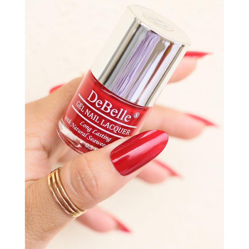 The dashing red on your nails with DeBelle gel nail color  Moulin Rouge.