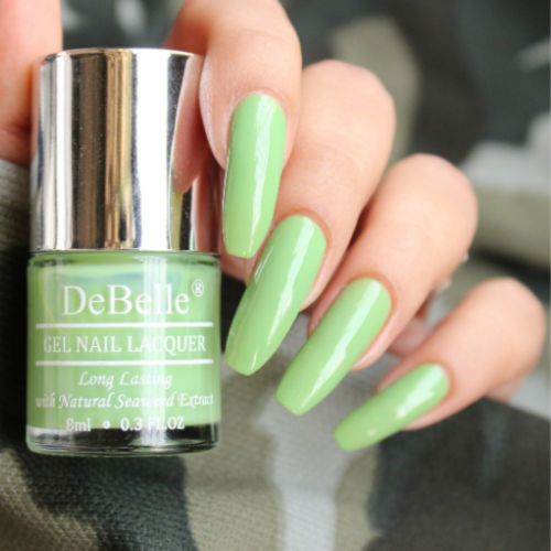 DeBelle gel nail color Mystique Green a pastel green  shade you will love. Shop online at DeBelle Cosmetix online store for this vegan, cruelty free non toxic shade.