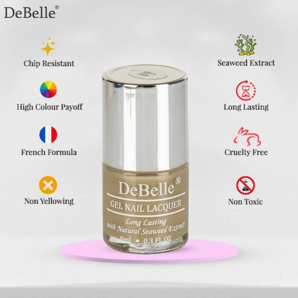 Infographics of debelle olive green nail polish bottle against a white background 