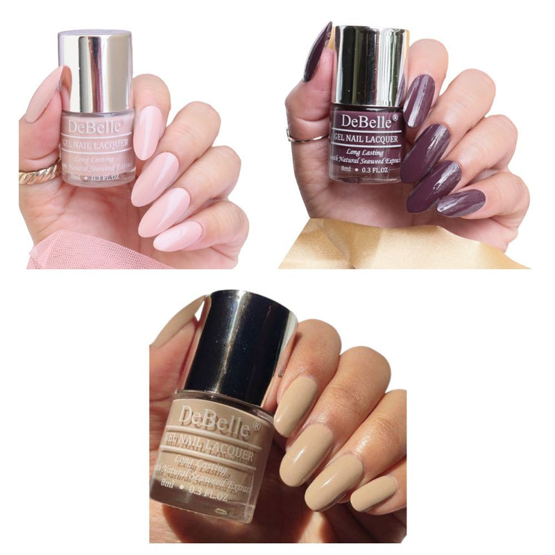 DeBelle Gel Nail Lacquers Combo of 3 Peony Blossom (Light Nude), Victorian Beige (Beige) & Plum Toffee (Burgundy) , 24 ml