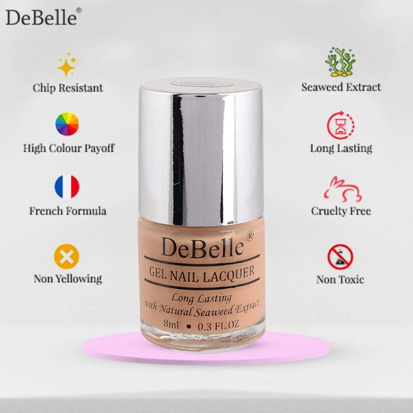 Infographic of an debelle pastel peach nail polish against a white background 