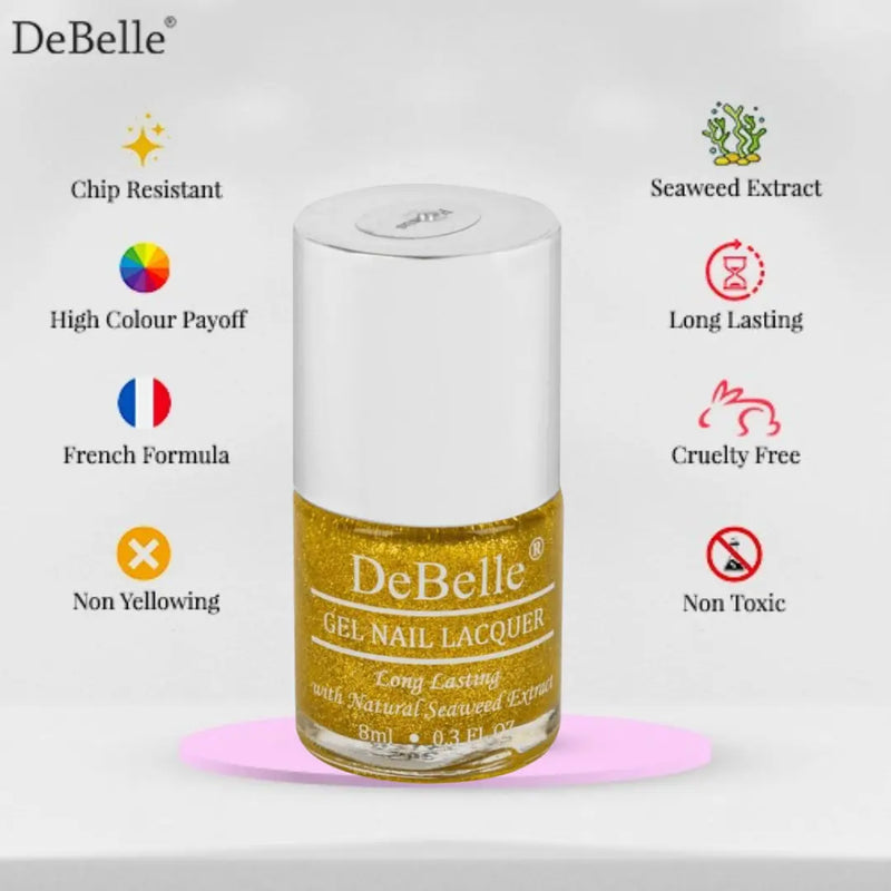 infographic of debelle yellow with gold glitter nail polish 
