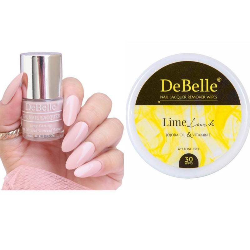 DeBelle Gel Nail Lacquer Peony Blossom & Lime Lush Nail Lacquer Remover Wipes Combo