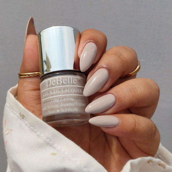 Close-in view with the elegant look of nails painted with debelle gel nail paint porcelain beige