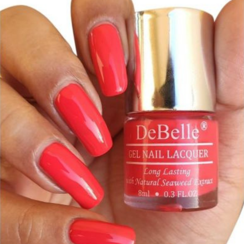 Red is always pretty Try this coral red DeBelle gel nail color Princess Belle. Shop o9nline at DeBelle Cosmetix online store.