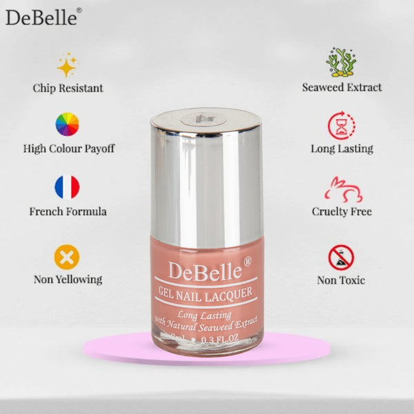 Infographics of Debelle pink mauve nail polish bottle with a white background