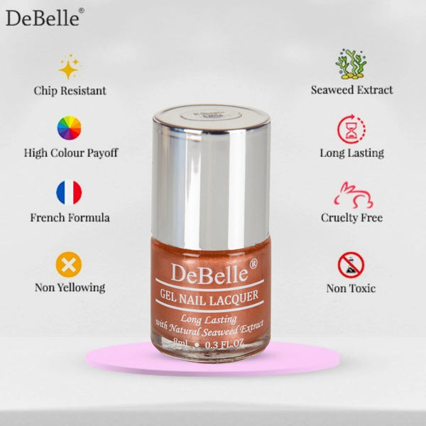Infographic of debelle metallic rose gold nail polish with its features.