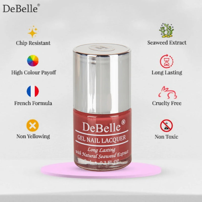 Infographic of DeBelle nail polish bottle against a white background