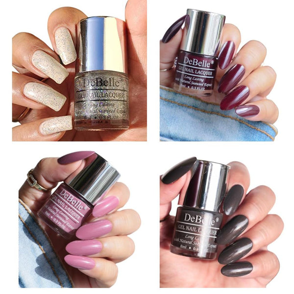 DeBelle Gel Nail Lacquer Combo Set of 4 Shimmer Top Coat, Copper Glaze, Glamorous Garnet, Laura Aura - 8ml