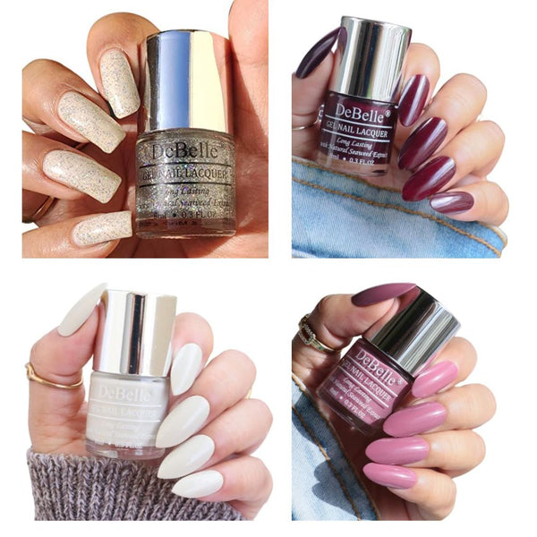 DeBelle Gel Nail Lacquer Combo Set of 4 Shimmer Top Coat, Glamorous Garnet, Natural Blush, Laura Aura - 8ml each