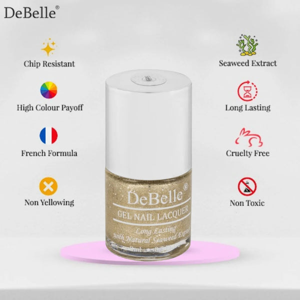 infographic of debelle gold with silver nail polish bottle with its features.