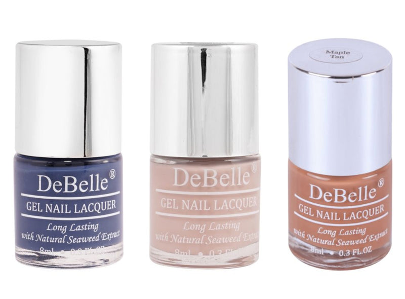 DeBelle Gel Nail Lacquers Combo of 3 Blue Allure , Peony Blossom and Maple Tan- 8 ml each