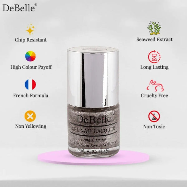infographics of Debelle silver chrome nail polish bottle.