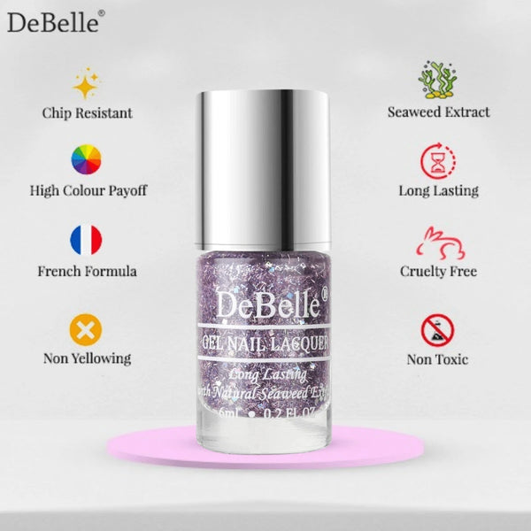 DeBelle Gel Nail Lacquer Tatiana Tassles (Clear Light Purple with Chunky Glitter Nail Polish), 6 ml