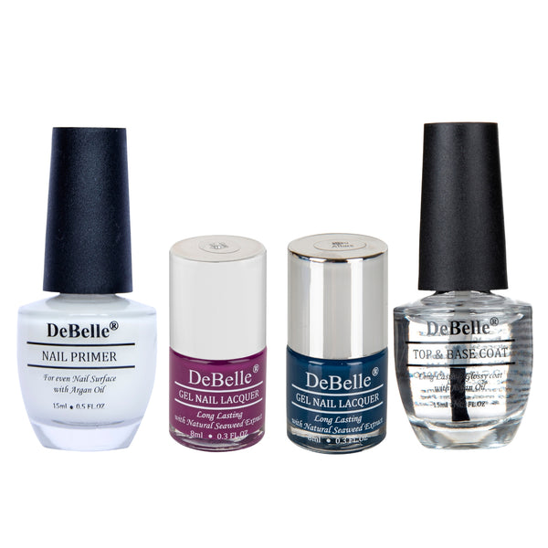 DeBelle Nail Art Manicure Kit (Nail Primer, Top & Base Coat, Bleu Allure, Luxe Lotus)