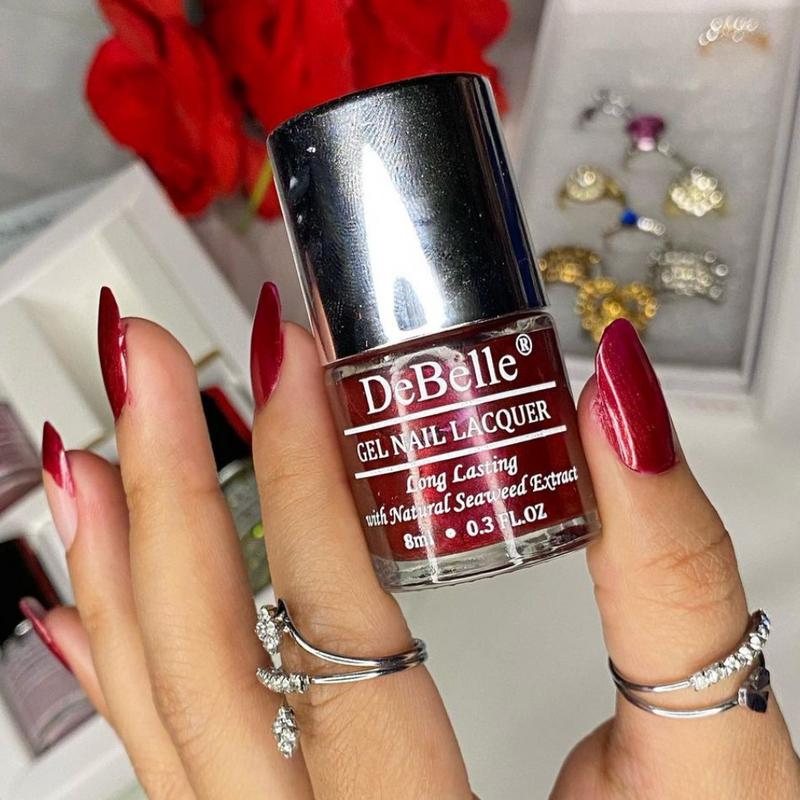 DeBelle Gel Nail Lacquer Antares (Deep Maroon Pearl Finish Nail Polish), 8ml - DeBelle Cosmetix Online Store