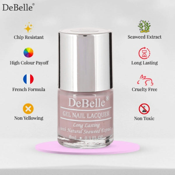 Infographics of debelle pastel purple nail polish with the white background .