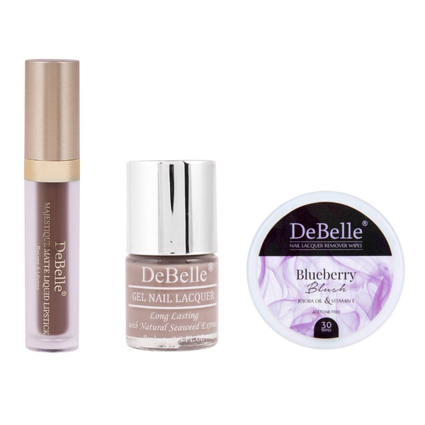 DeBelle combo of 3 Majestique Matte Liquid Lipstick(Amethyst Adeline), Remover Wipes(Blueberry Blush), Nail Polish(Coco Bean)