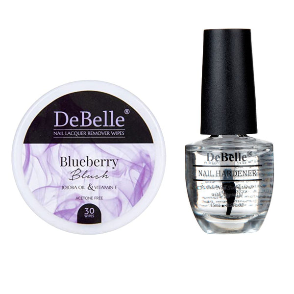 DeBelle Nail Hardener & Blueberry Blush Nail Lacquer Remover Wipes Combo