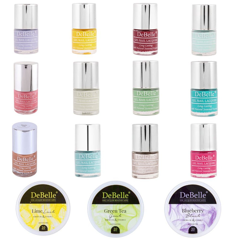DeBelle Gel Nail Lacquers Combo of 12 + 3 Nail Lacquer Remover Wipes