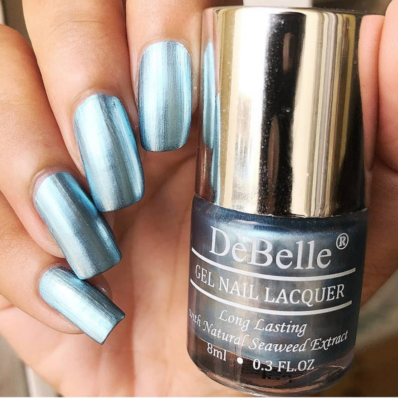 DeBelle Gel Nail Lacquer Aqua Frenzy - (Metallic Light Blue Nail Polish), 8ml - DeBelle Cosmetix Online Store