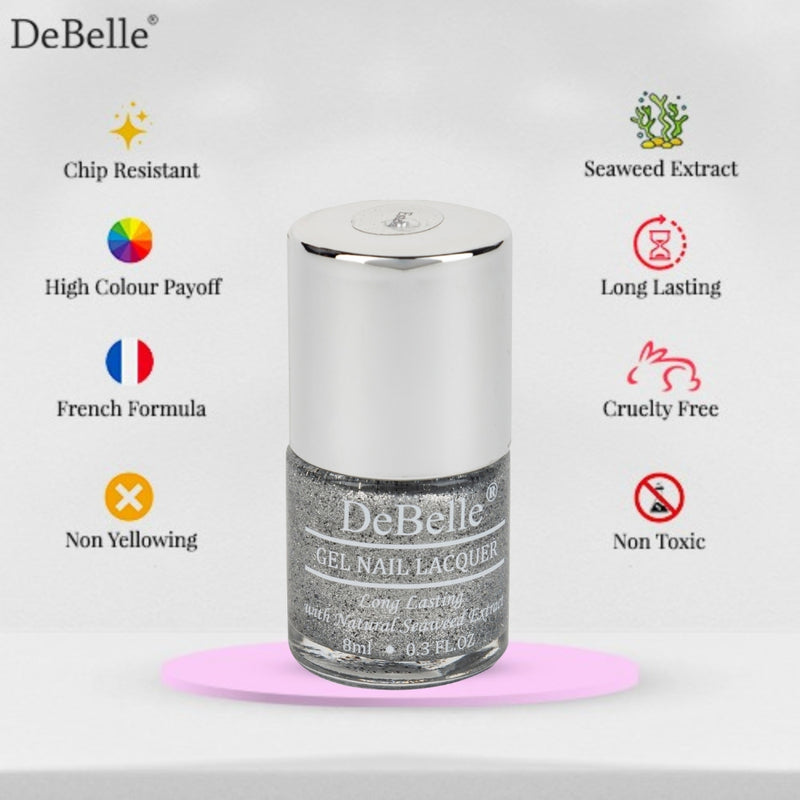 DeBelle Gel Nail Lacquer Estella - (Silver with Black Glitter; Sugar Finish Nail Polish), 8ml
