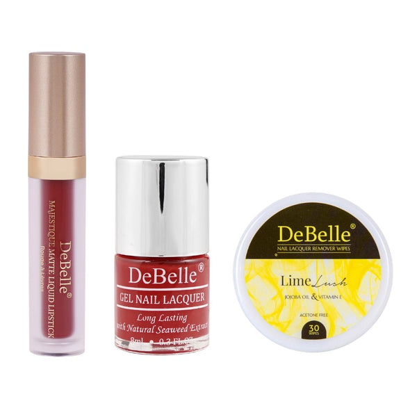 DeBelle combo of 3  Majestique Matte Liquid Lipstick, Remover Wipes, Nail Polish