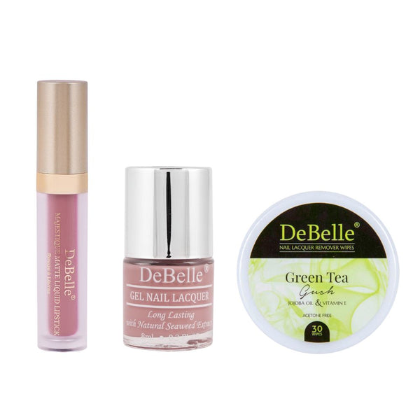 DeBelle combo of 3 Majestique Matte Liquid Lipstick(Luscious Louise), Remover Wipes( Green Tea Gush), Nail Polish(Rose Aurelia)
