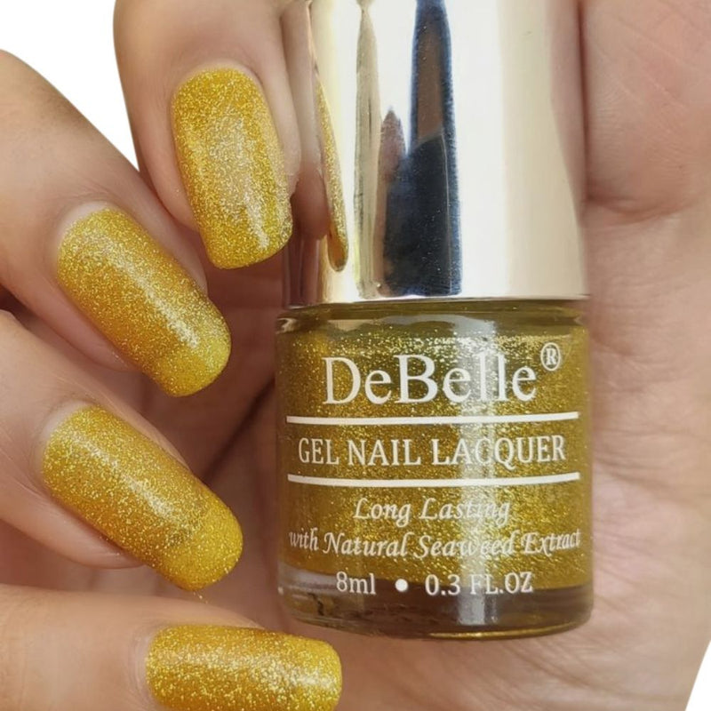 DeBelle Gel Nail Lacquer Pegasus - (Lime Yellow with Gold Glitter Nail Polish), 8ml