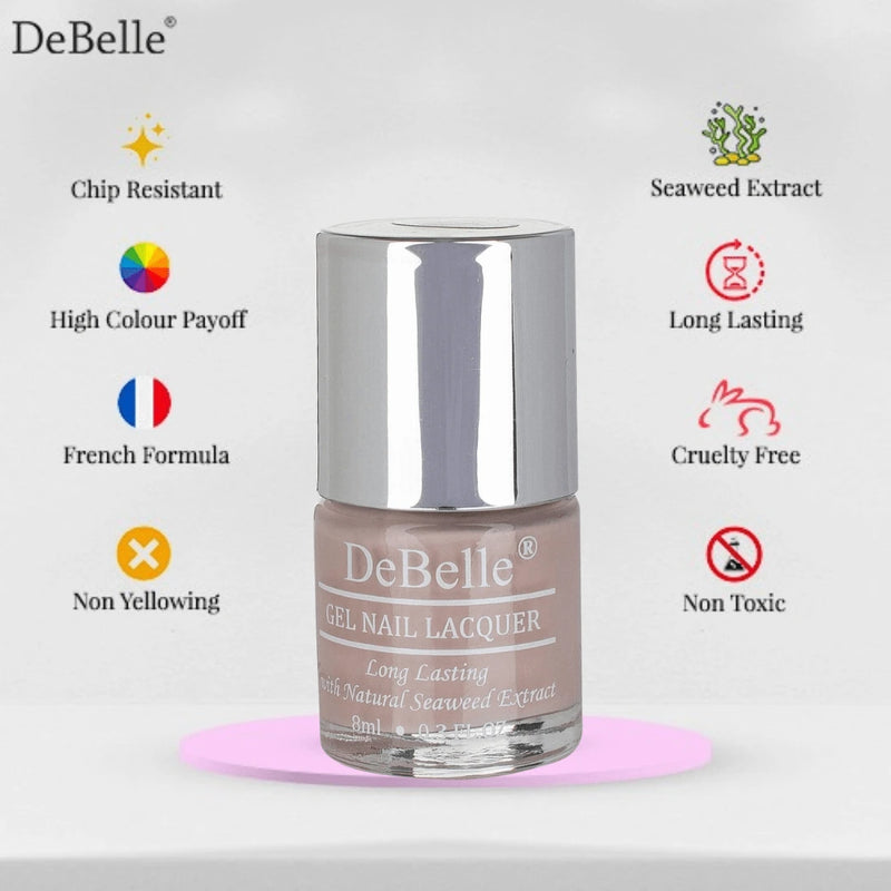 Debelle light pink nail polish bottle wth a white background  