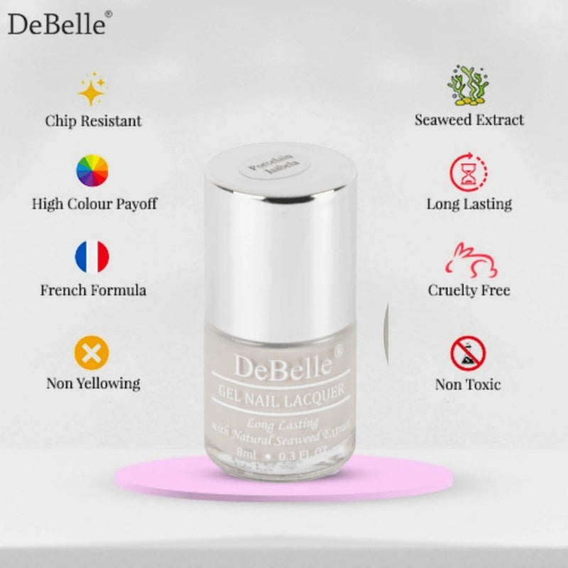 Infographic of debelle gel nail polish of a beige shade