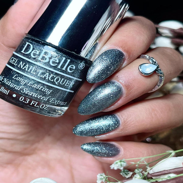 DeBelle Gel Nail Lacquer Grey Glitteratti - Silver Glitter Nail Polish - DeBelle Cosmetix Online Store