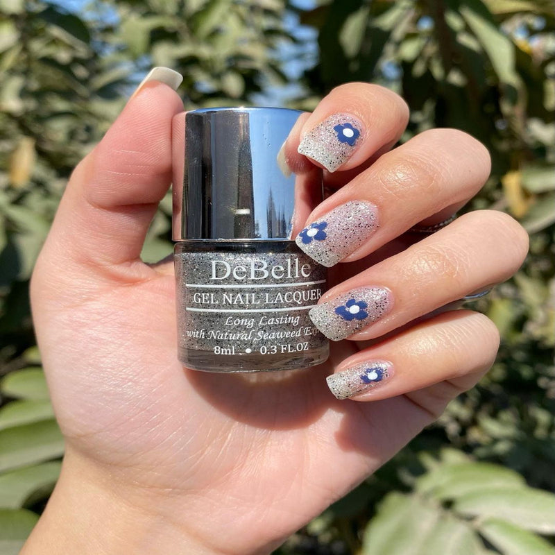 DeBelle Gel Nail Lacquer Estella - (Silver with Black Glitter; Sugar Finish Nail Polish), 8ml - DeBelle Cosmetix Online Store