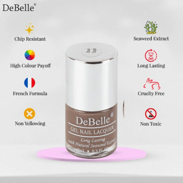 Debelle dark rust brown nail polish infographics 