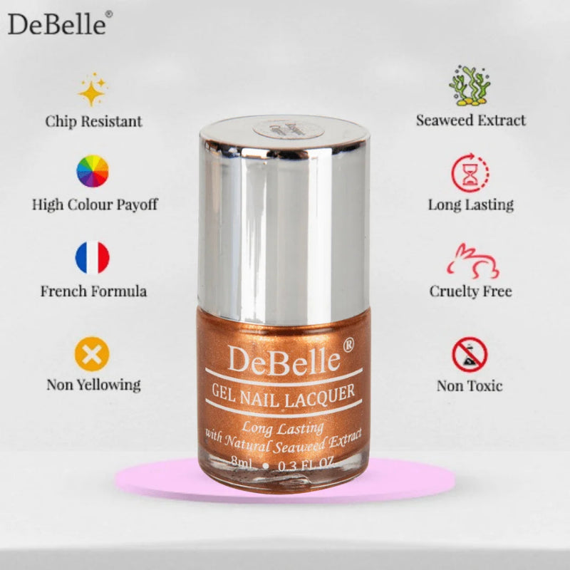 debelle rustique gold infographics with its features against a white background