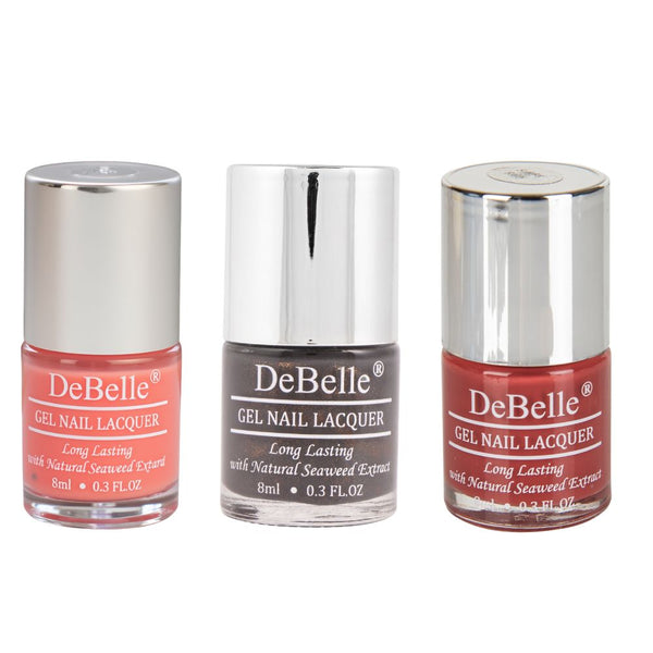 DeBelle Gel Nail Lacquers Combo of 3 De' Carnation, Scarlet Ruby and Copper Glaze - 8 ml each