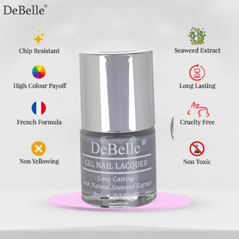 infographic of debelle sombre grey nail polish bottle against  a white background 