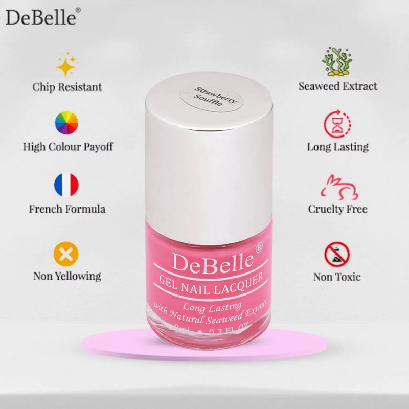 Infographic of debelle pink nail polish with its features 