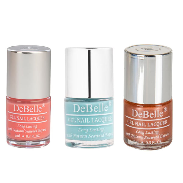 DeBelle Gel Nail Lacquers Combo of 3 Tahiti Teal , Roseate Gold ,De' Carnation - 8 ml each