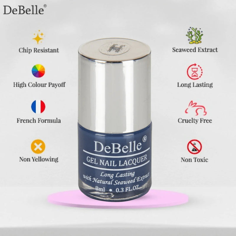infographic of debelle pastel dark a navy blue nail polish