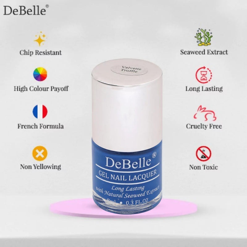 infographic of debelle gel nail polish of sapphire blue shade 