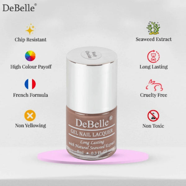 Debelle chocolate brown nail polish infographic with its features 