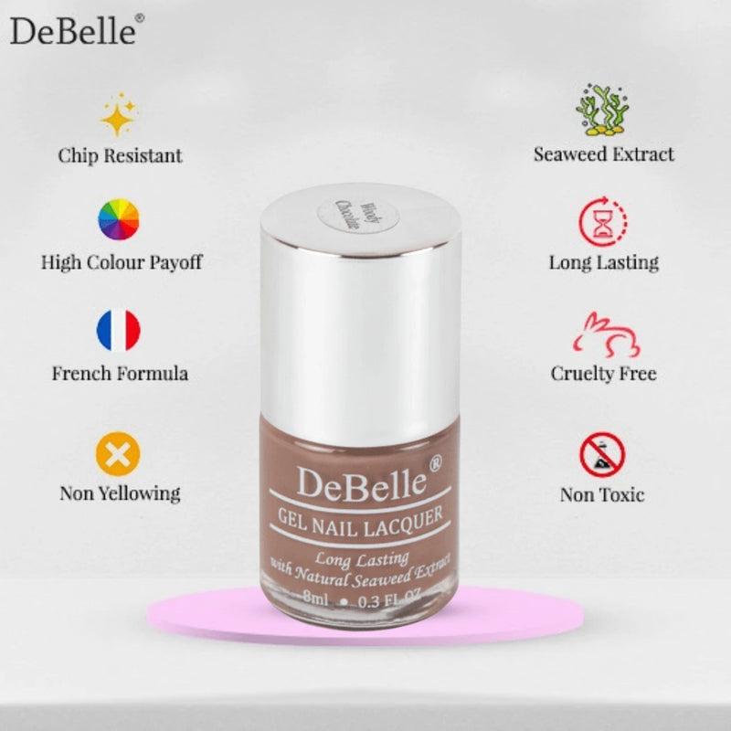 Debelle chocolate brown nail polish infographic with its features 